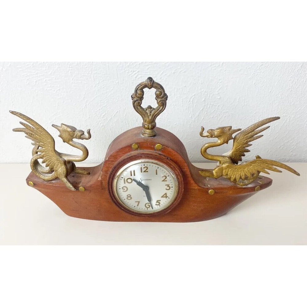 VTG Sessions Viking Dragon Wood Winding Mantle Clock  *Works! See Description *